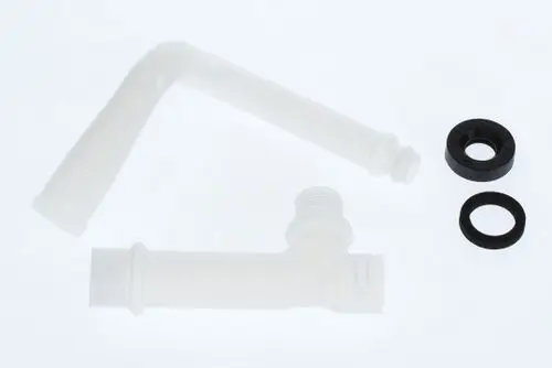 BOSCH Rohr-Anschluss-Siphon-Sicherheitsventil mit zwei schwarzen Dichtungen, eine rund und eine in Form eines O-Rings, auf weißem Hintergrund.